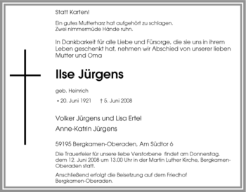 Traueranzeige von Ilse Jürgens von Tageszeitung