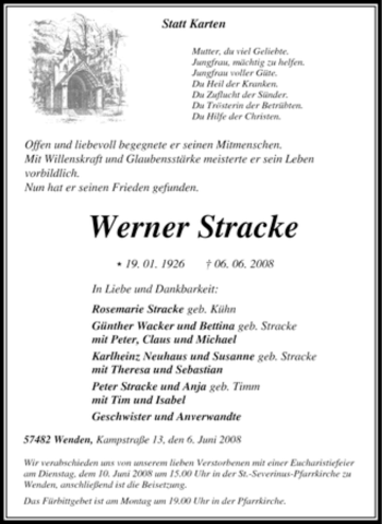 Traueranzeige von Werner Stracke von Tageszeitung
