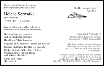 Traueranzeige von Helene Serwatka von Tageszeitung