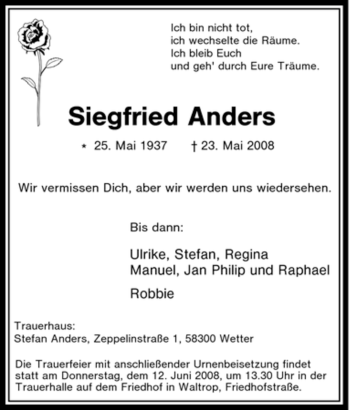 Traueranzeige von Siegfried Anders von Tageszeitung