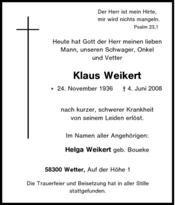 Traueranzeige von Klaus Weikert von Tageszeitung