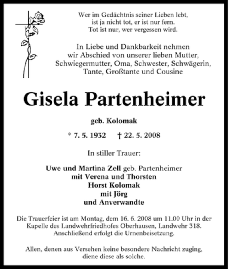  Traueranzeige für Gisela Partenheimer vom 09.06.2008 aus Tageszeitung