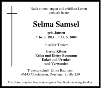 Traueranzeige von Selma Samsel von Tageszeitung
