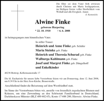 Traueranzeige von Alwine Finke von Tageszeitung
