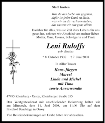 Traueranzeige von Leni Ruloffs von Tageszeitung