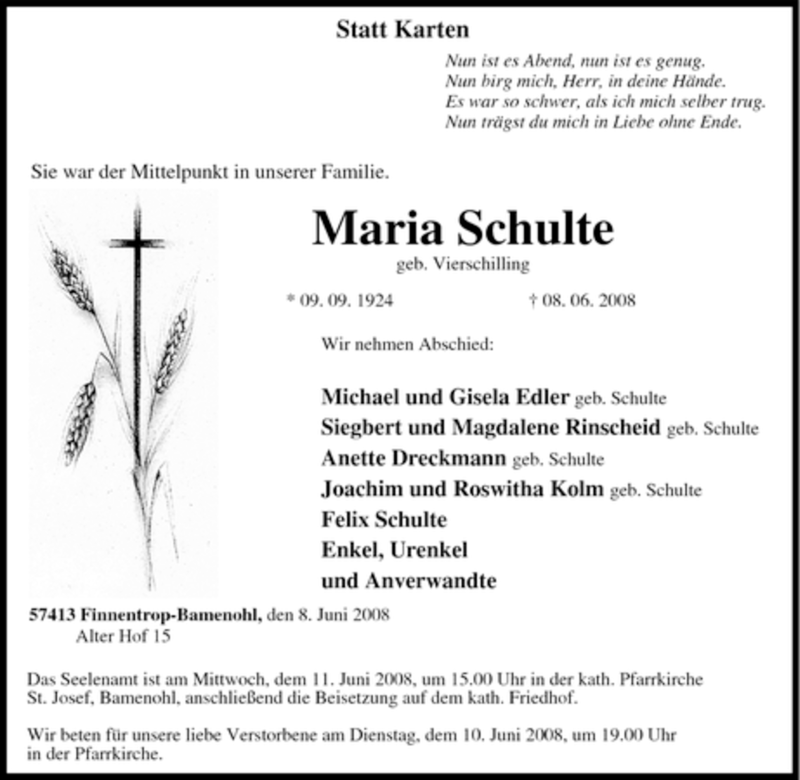  Traueranzeige für Maria Schulte vom 09.06.2008 aus Tageszeitung
