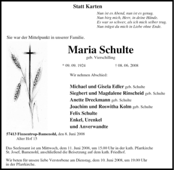 Traueranzeige von Maria Schulte von Tageszeitung