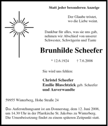 Traueranzeige von Brunhilde Scheefer von Tageszeitung