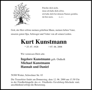 Traueranzeige von Kurt Kunstmann von Tageszeitung
