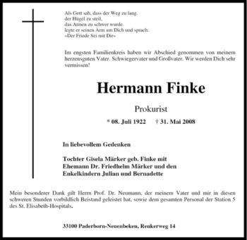 Traueranzeige von Hermann Finke von Tageszeitung