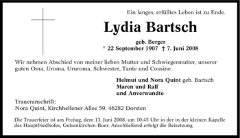 Traueranzeige von Lydia Bartsch von Tageszeitung