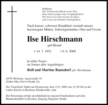 Traueranzeigen Von Ilse Hirschmann Trauer In Nrw De