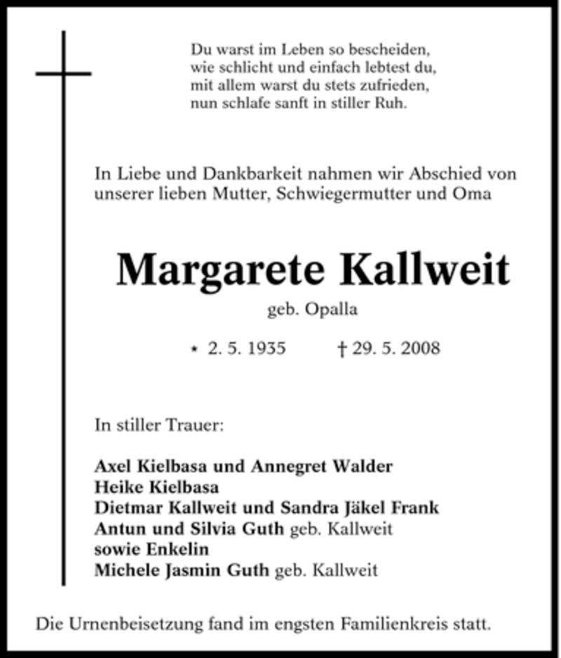 Traueranzeigen von Margarete Kallweit TrauerinNRW.de