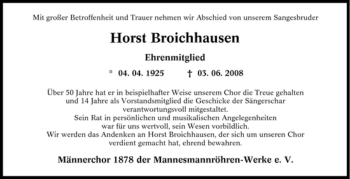 Traueranzeige von Horst Broichhausen von Tageszeitung