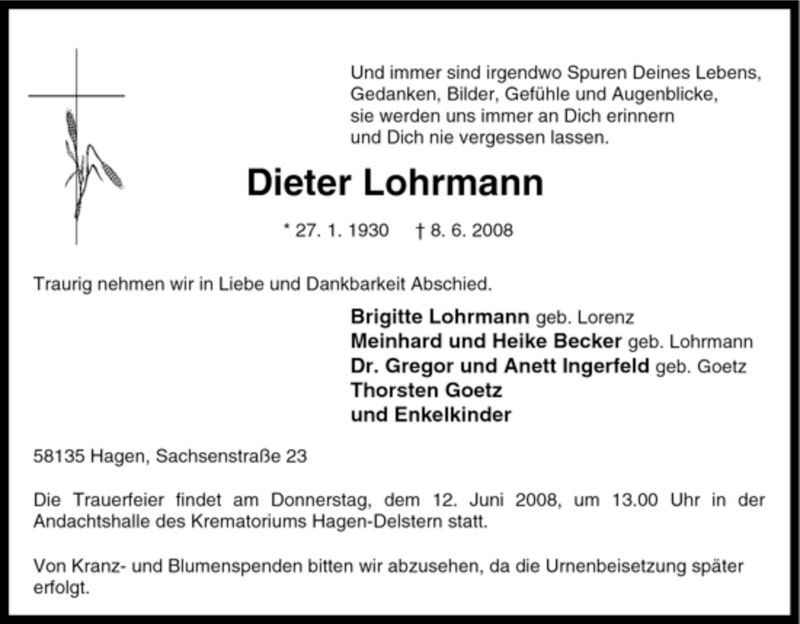 Traueranzeigen von Dieter Lohrmann TrauerinNRW.de