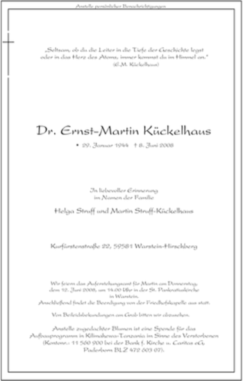 Traueranzeige von Ernst-Martin Kückelhaus von Tageszeitung