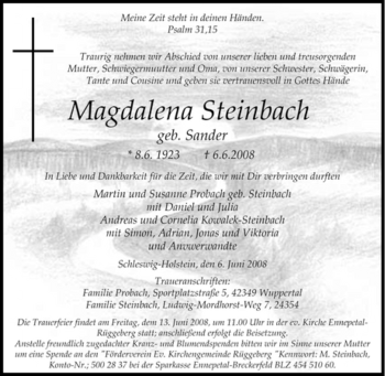 Traueranzeige von Magdalena Steinbach von Tageszeitung