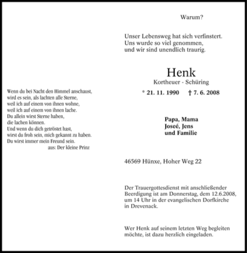  Traueranzeige für Henk Kortheuer-Schüring vom 10.06.2008 aus Tageszeitung