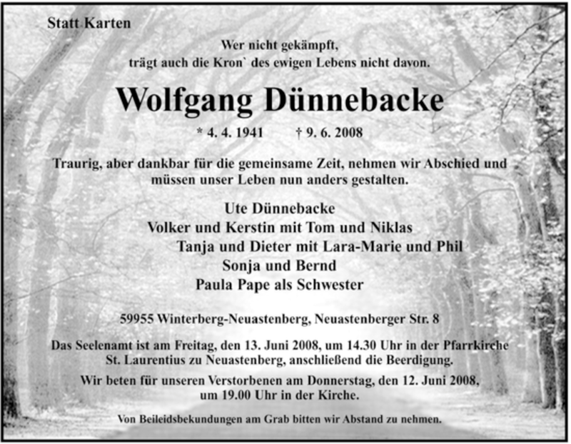  Traueranzeige für Wolfgang Dünnebacke vom 10.06.2008 aus Tageszeitung