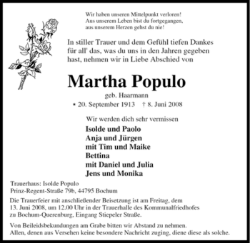Traueranzeige von Martha Populo von Tageszeitung