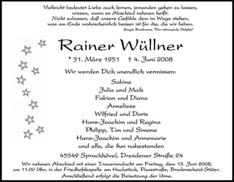  Traueranzeige für Rainer Wüllner vom 10.06.2008 aus Tageszeitung