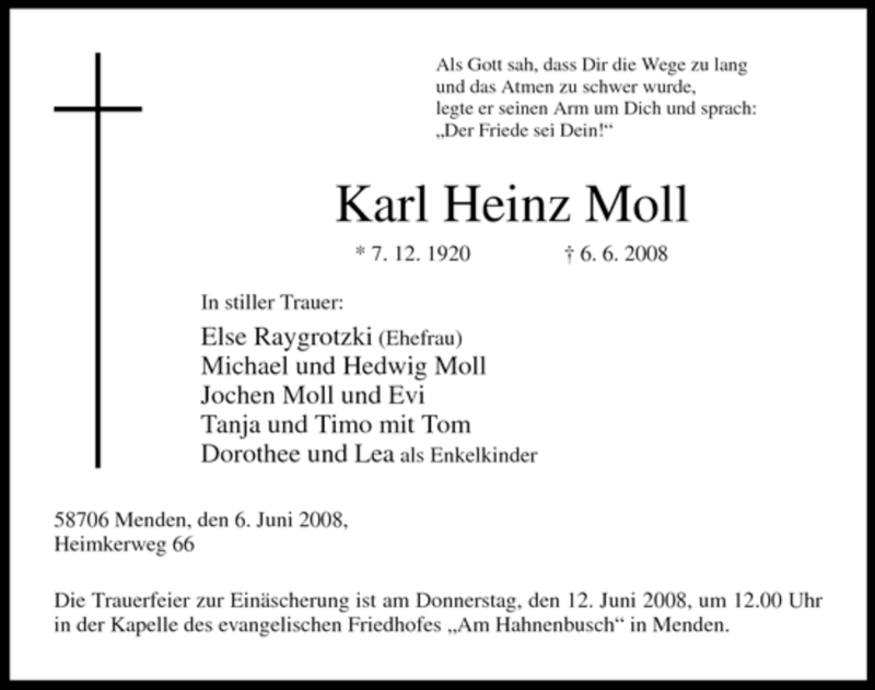 Traueranzeigen von Karl Heinz Moll TrauerinNRW.de