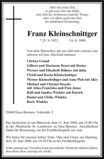Traueranzeige von Franz Kleinschnittger von Tageszeitung