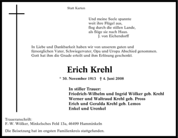 Traueranzeige von Erich Krehl von Tageszeitung