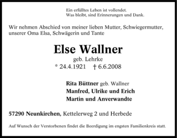 Traueranzeige von Else Wallner von Tageszeitung