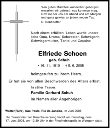 Traueranzeige von Elfriede Schoen von Tageszeitung