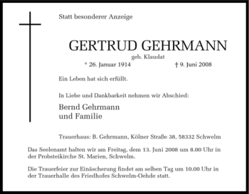 Traueranzeige von Gertrud Gehrmann von Tageszeitung