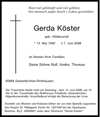 Traueranzeige von Gerda Köster von Tageszeitung