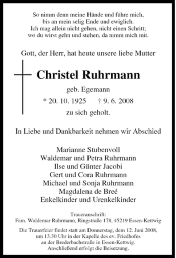 Traueranzeige von Christel Ruhrmann von Tageszeitung