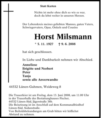 Traueranzeige von Horst Milsmann von Tageszeitung