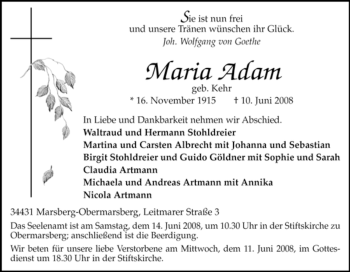 Traueranzeige von Maria Adam von Tageszeitung
