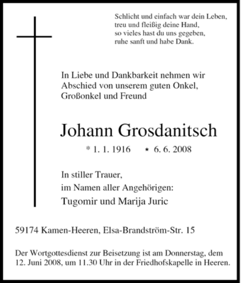  Traueranzeige für Johann Grosdanitsch vom 11.06.2008 aus Tageszeitung