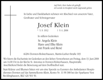 Traueranzeige von Josef Klein von Tageszeitung