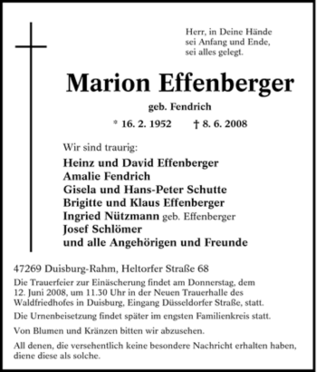 Traueranzeige von Marion Effenberger von Tageszeitung