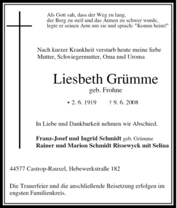 Traueranzeige von Liesbeth Grümme von Tageszeitung