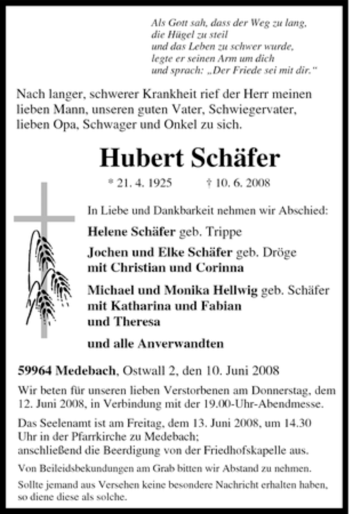 Traueranzeige von Hubert Schäfer von Tageszeitung