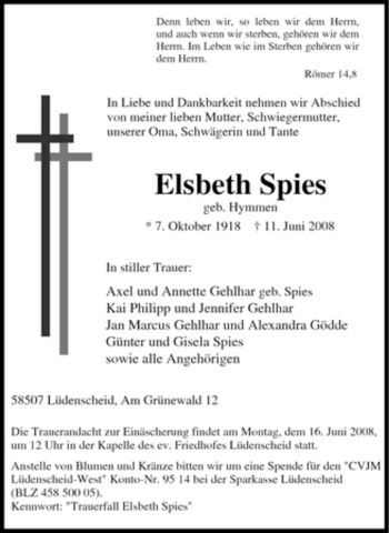 Traueranzeige von Elsbeth Spies von Tageszeitung