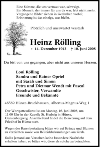 Traueranzeige von Heinz Rölling von Tageszeitung