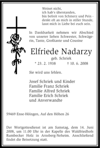 Traueranzeige von Elfriede Nadarzy von Tageszeitung