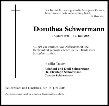 Traueranzeige von Dorothea Schwermann von Tageszeitung
