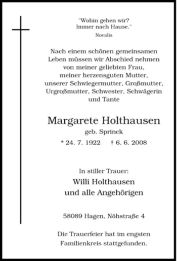 Traueranzeige von Margarete Holthausen von Tageszeitung