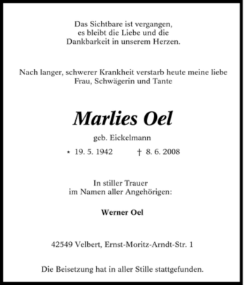 Traueranzeige von Marlies Oel von Tageszeitung