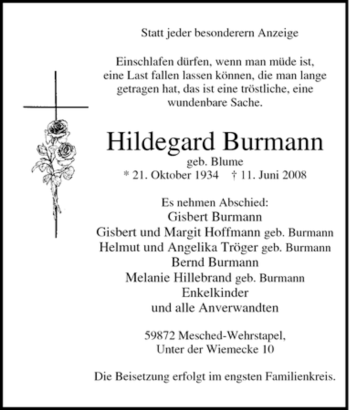 Traueranzeige von Hildegard Burmann von Tageszeitung