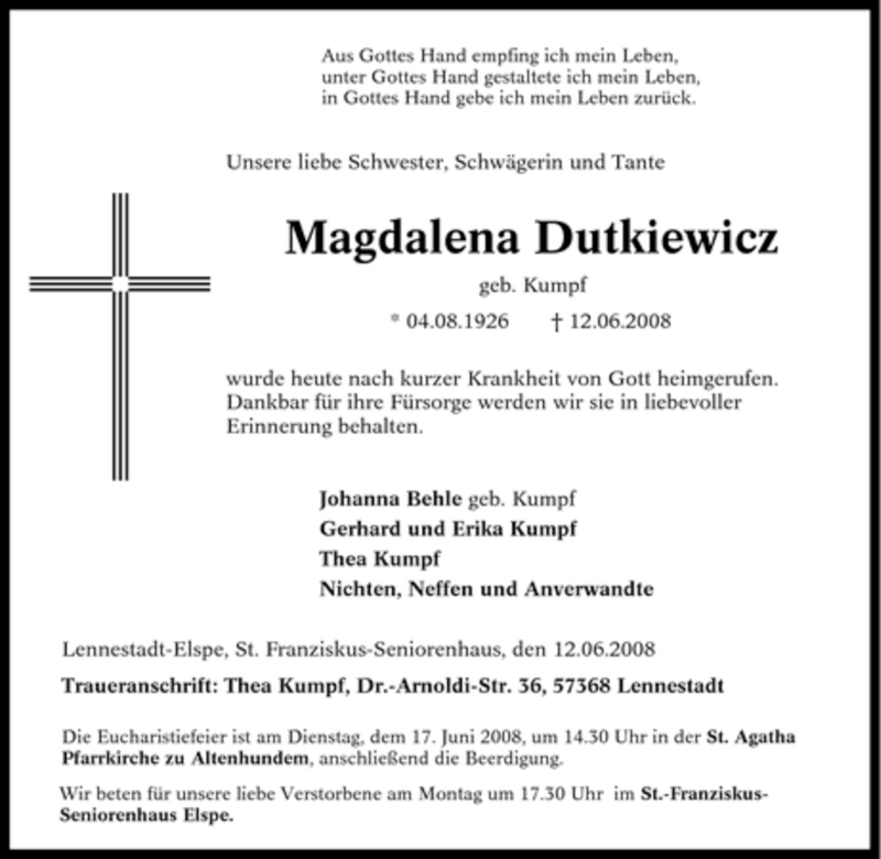  Traueranzeige für Magdalena Dutkiewicz vom 13.06.2008 aus Tageszeitung