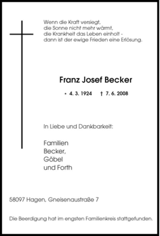 Traueranzeigen von Franz Josef Becker TrauerinNRW.de