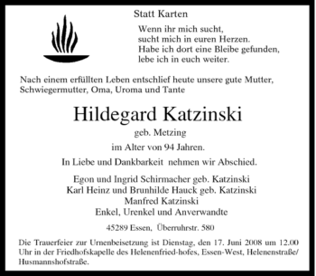 Traueranzeige von Hildegard Katzinski von Tageszeitung